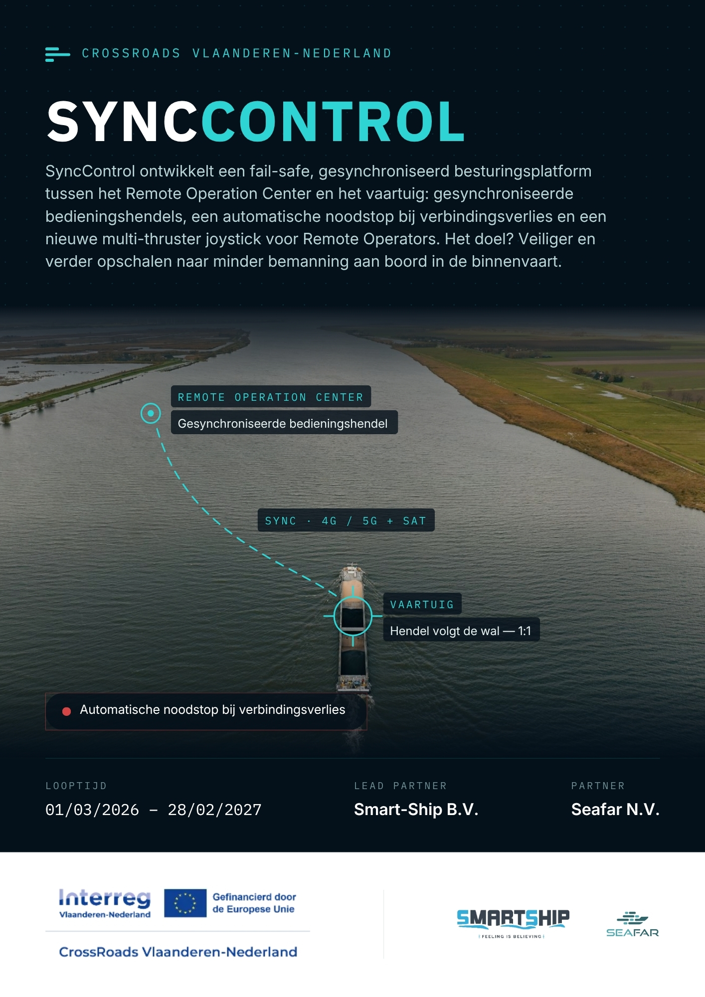 SyncControl-projectposter met gesynchroniseerde bedieningshendels, noodstop en multi-thruster joystick